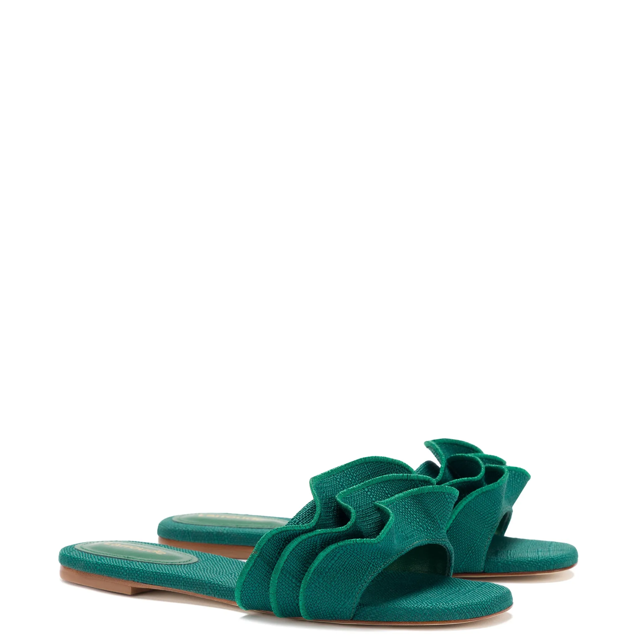 Ivy Ruffle Flat Mule In Emerald Raffia