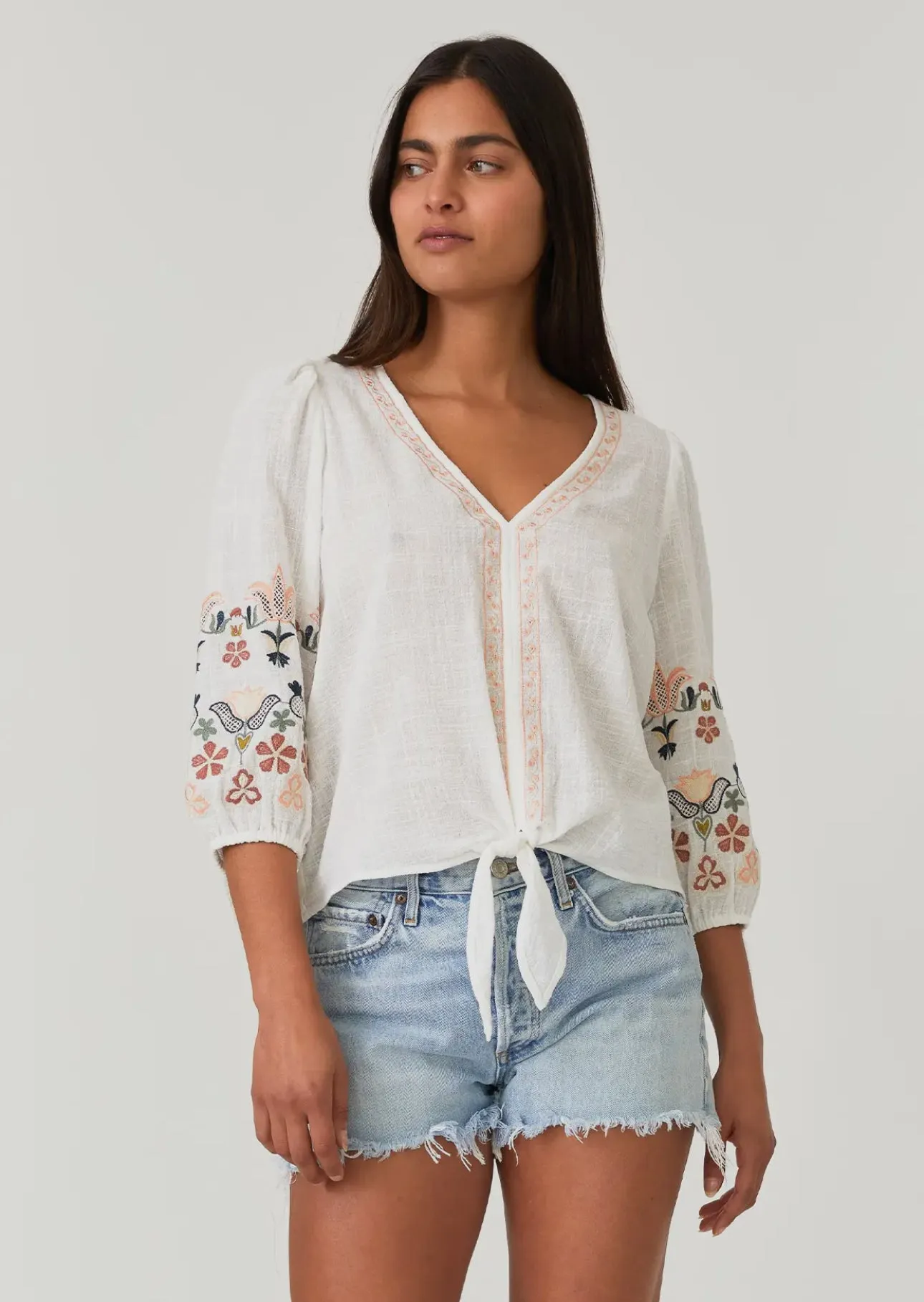 Jamison Floral Embroidered Sleeve Tie Front Top Lovestitch Top