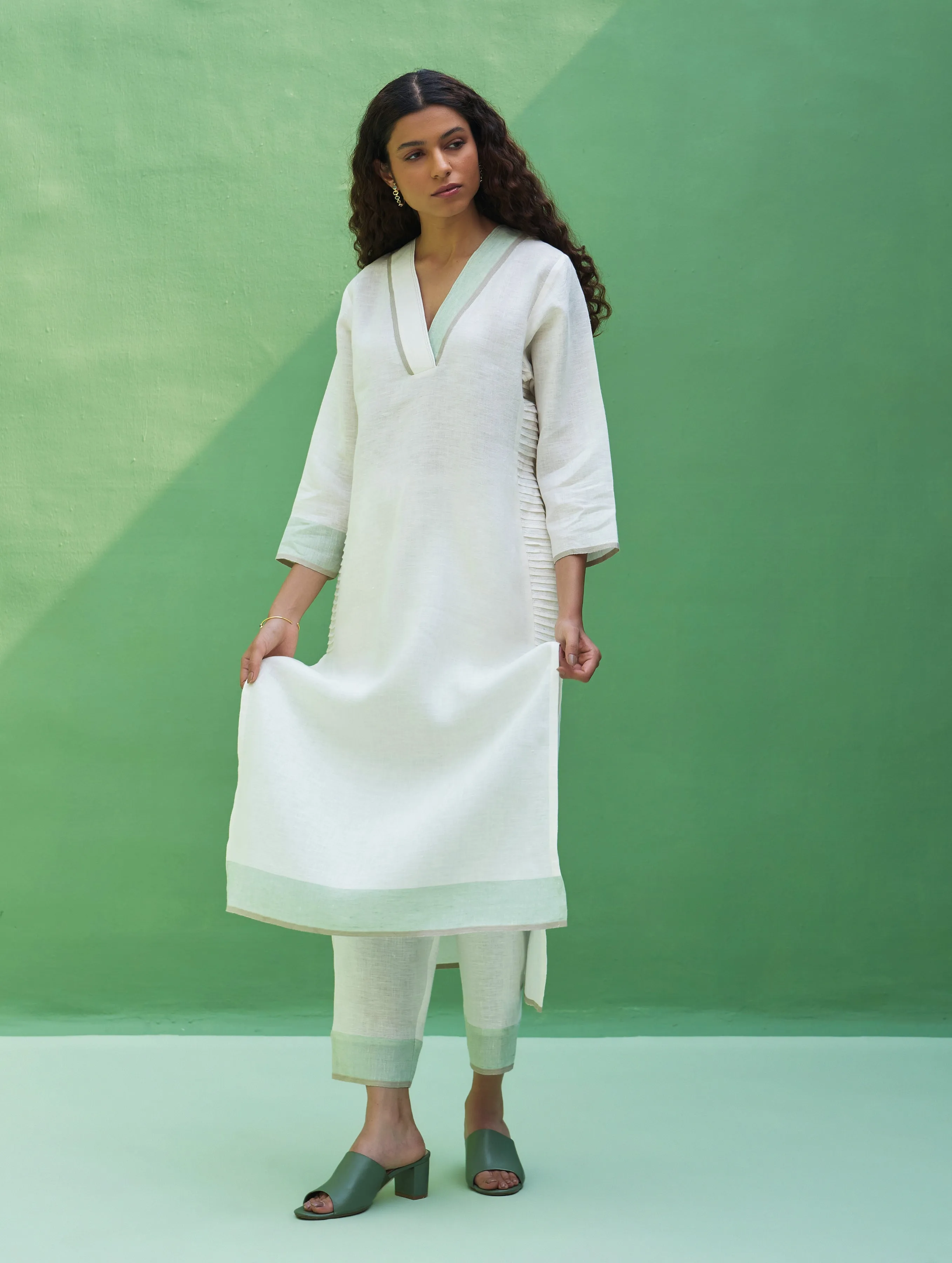 June Border Linen Kurta Set - Ivory