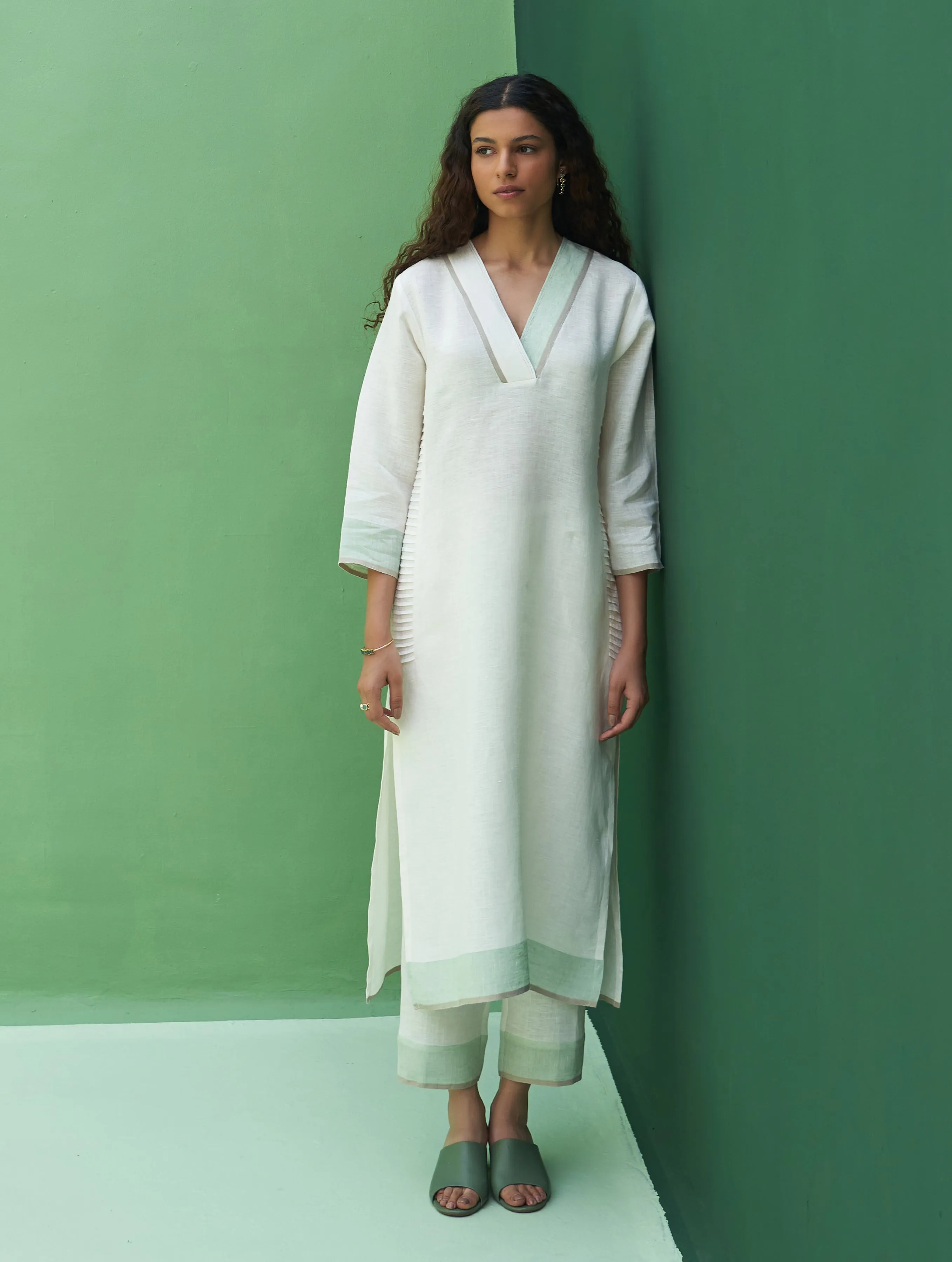 June Border Linen Kurta Set - Ivory