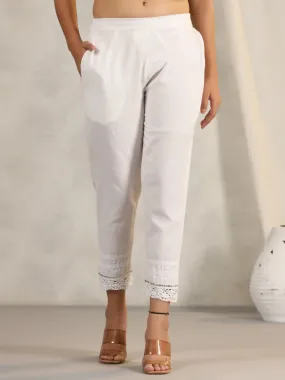 Juniper Off White Soild Cotton Flex Pants With Lace Work