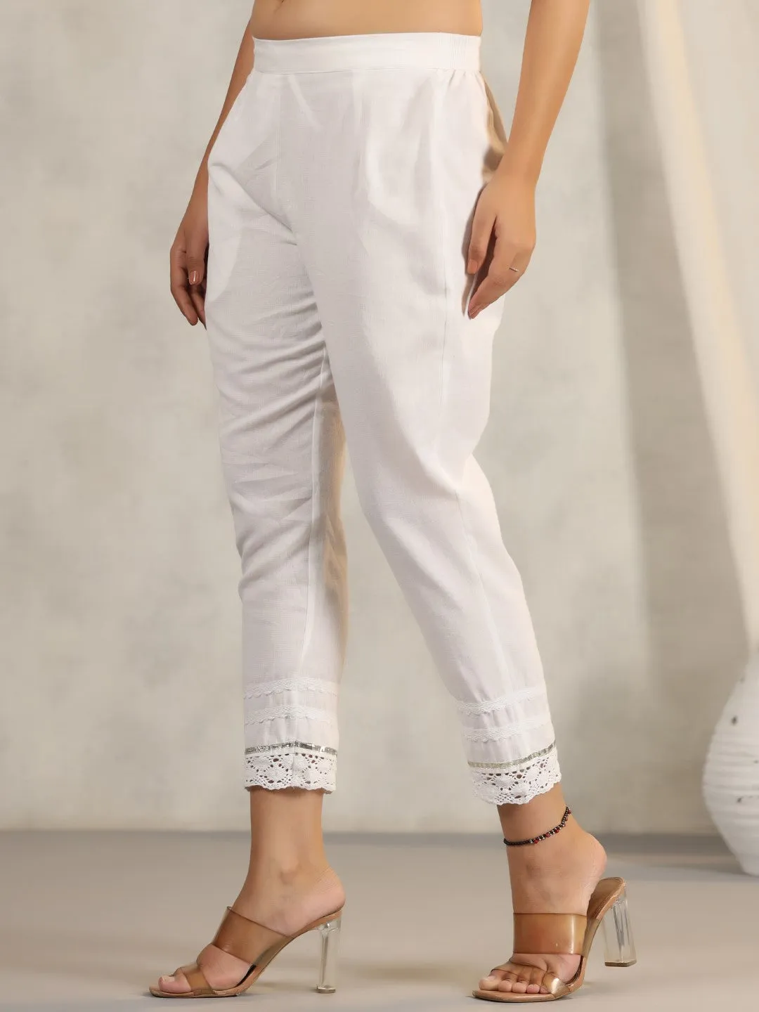 Juniper Off White Soild Cotton Flex Pants With Lace Work