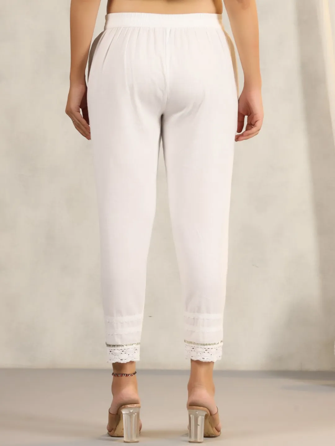 Juniper Off White Soild Cotton Flex Pants With Lace Work