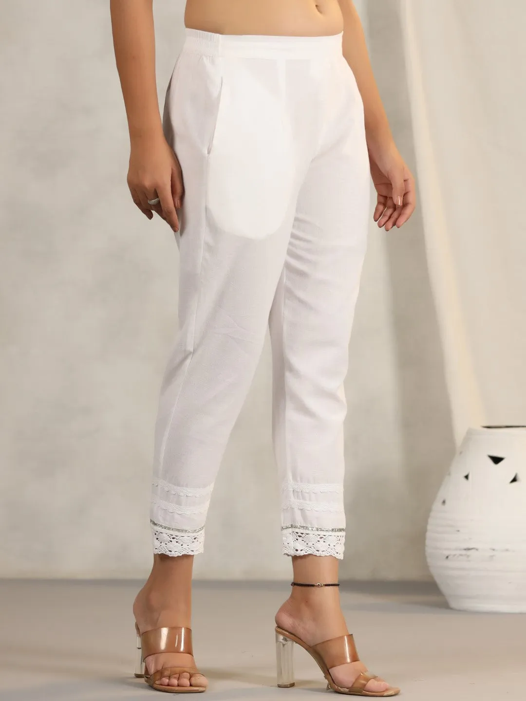 Juniper Off White Soild Cotton Flex Pants With Lace Work