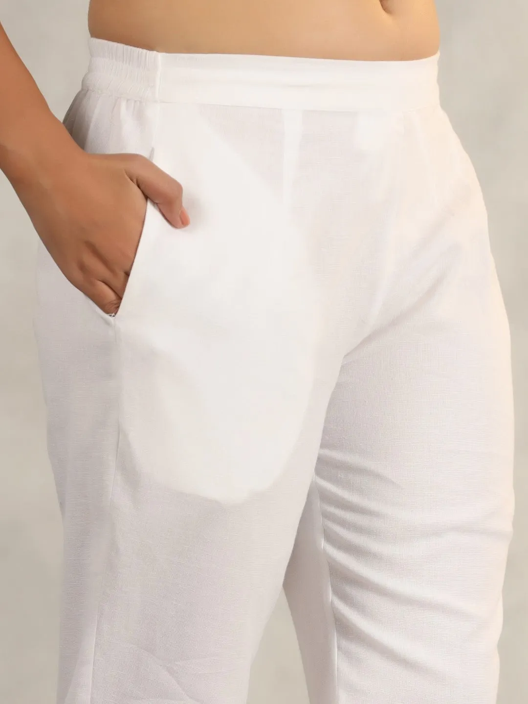 Juniper Off White Soild Cotton Flex Pants With Lace Work