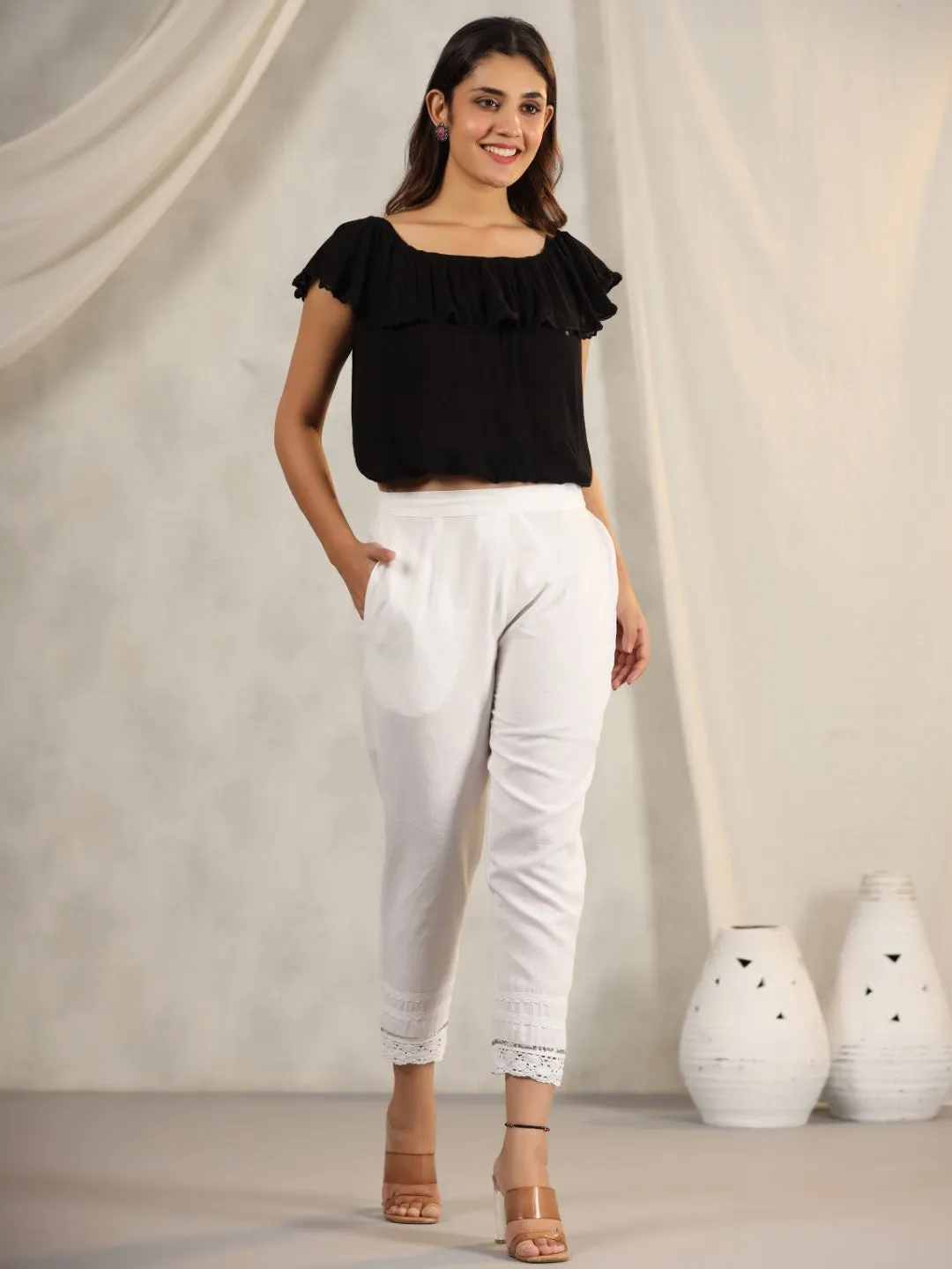 Juniper Off White Soild Cotton Flex Pants With Lace Work