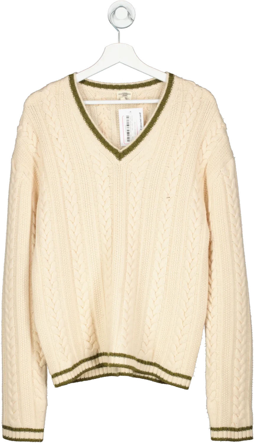 kent curwen Cream Wool Vneck Cable Jumper UK M