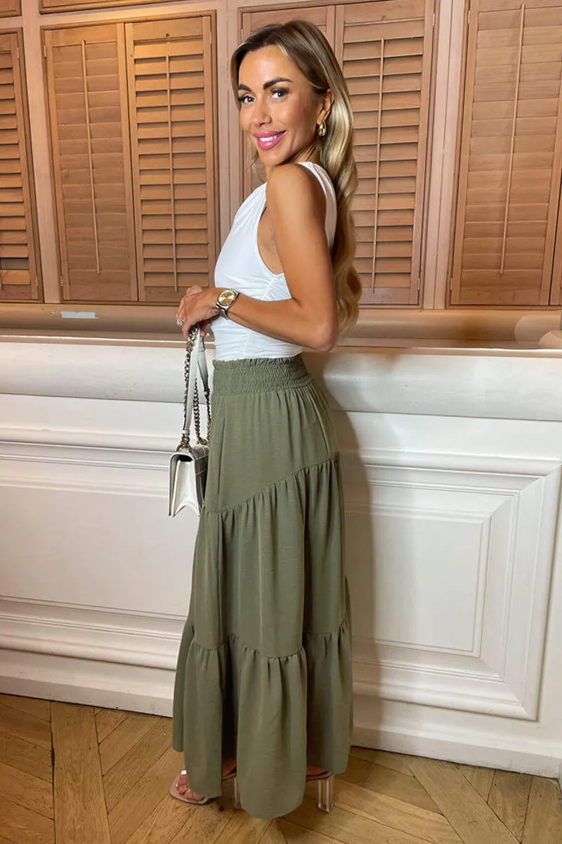 Khaki Shirred Waist Maxi Skirt