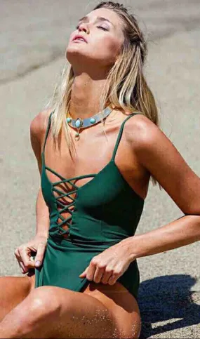 lace Up Solid Color One Piece  Swimsuit