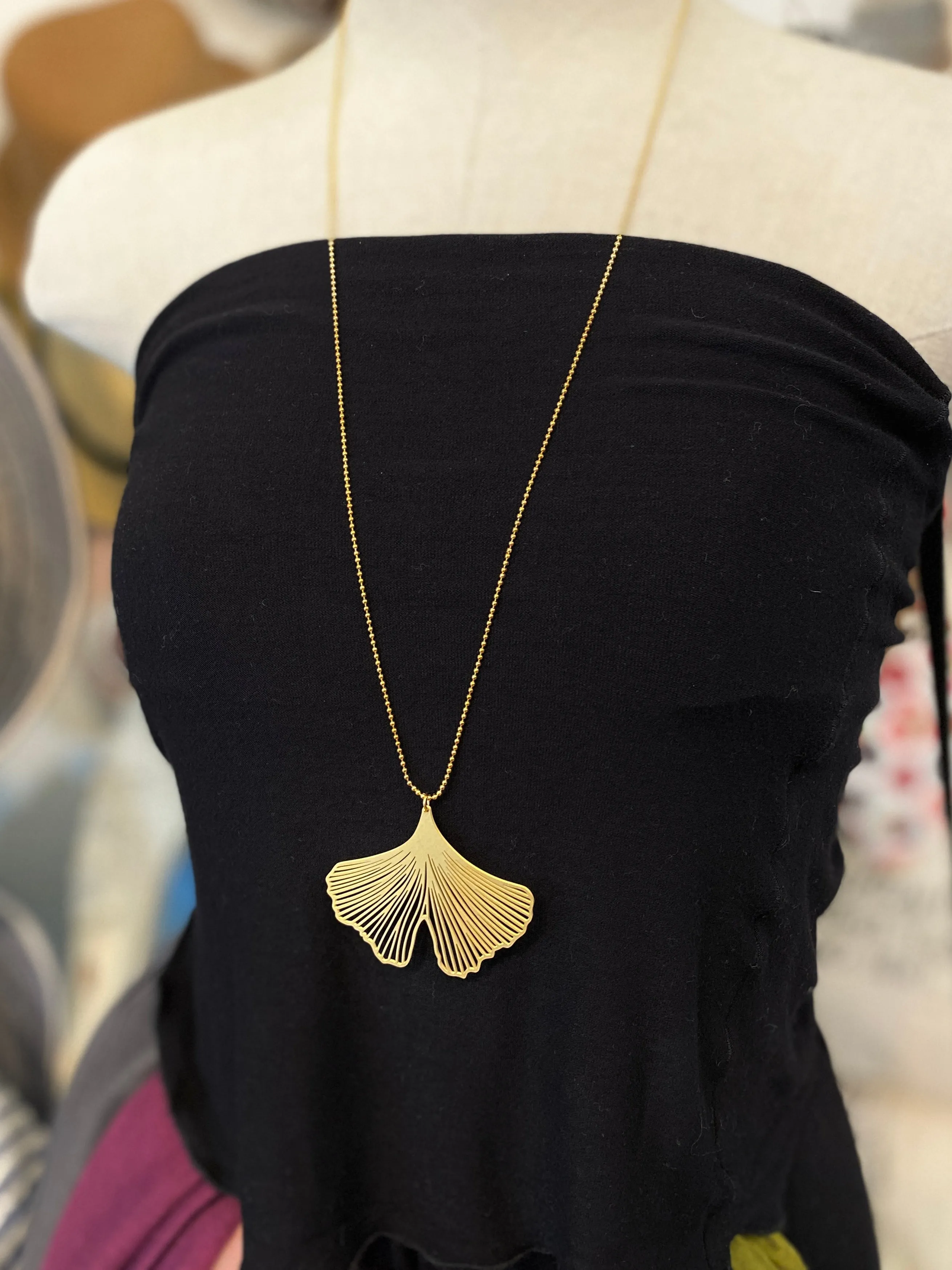 Large Ginkgo Pendant w/ Long Ball Chain: Stainless Steel Necklace