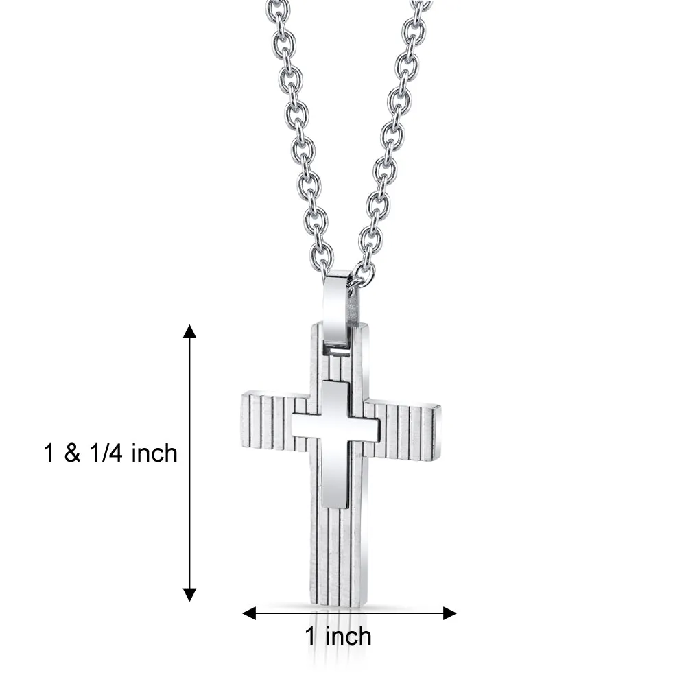 Layered Two-Toned Stainless Steel Cross Pendant With Steel Ball Chain