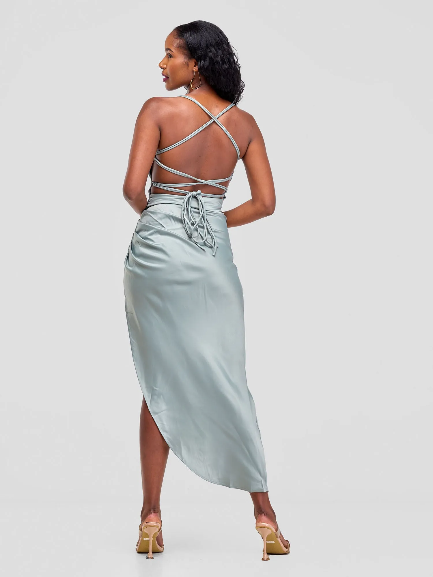 Lola Backless Strappy Satin Dress  With High Side Slit - Green