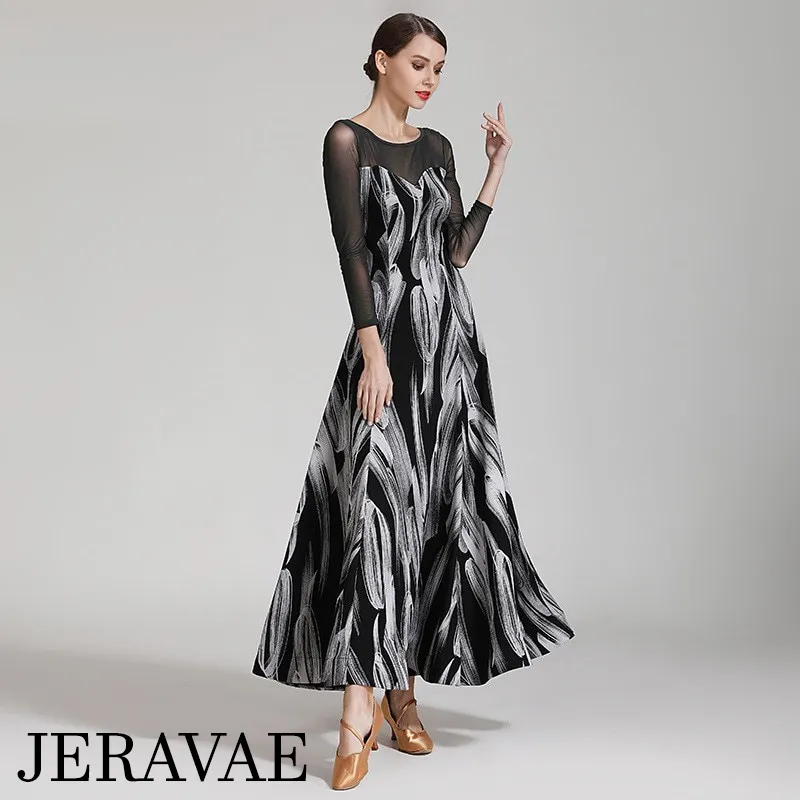 Long Ballroom Practice Dress with Muted Feather/Fire Pattern, Long Mesh Sleeves, and Wrapped Horsehair Hem Sizes S-XXL PRA 387