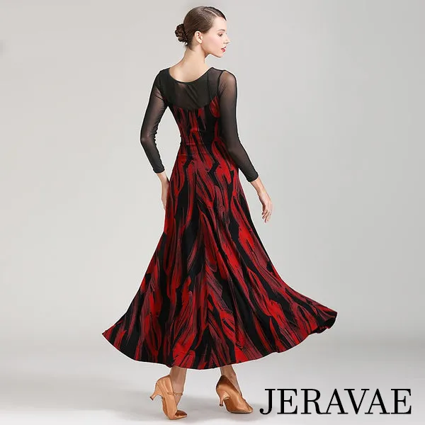 Long Ballroom Practice Dress with Muted Feather/Fire Pattern, Long Mesh Sleeves, and Wrapped Horsehair Hem Sizes S-XXL PRA 387