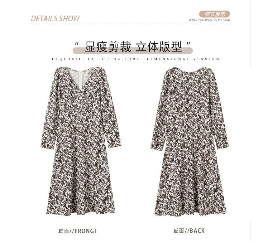 Long-Sleeve V-Neck Floral Print Midi A-Line Dress aa21