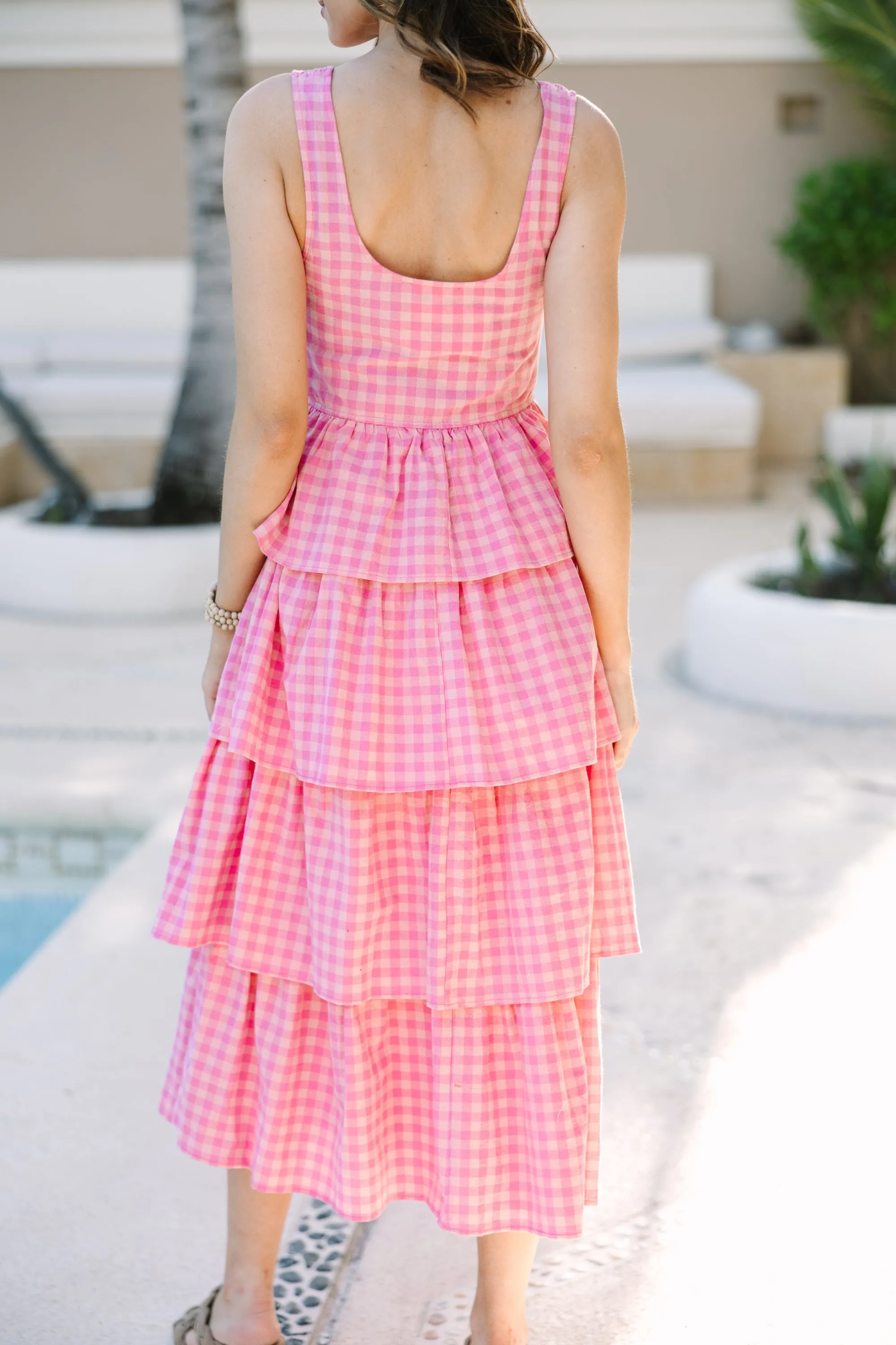 Look Your Way Pink Gingham Midi Dress