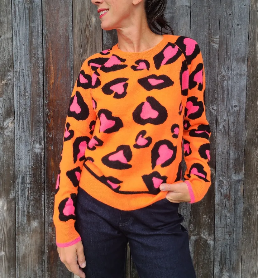 Lucy Leopard  Crew Sweater Neon Orange/Black