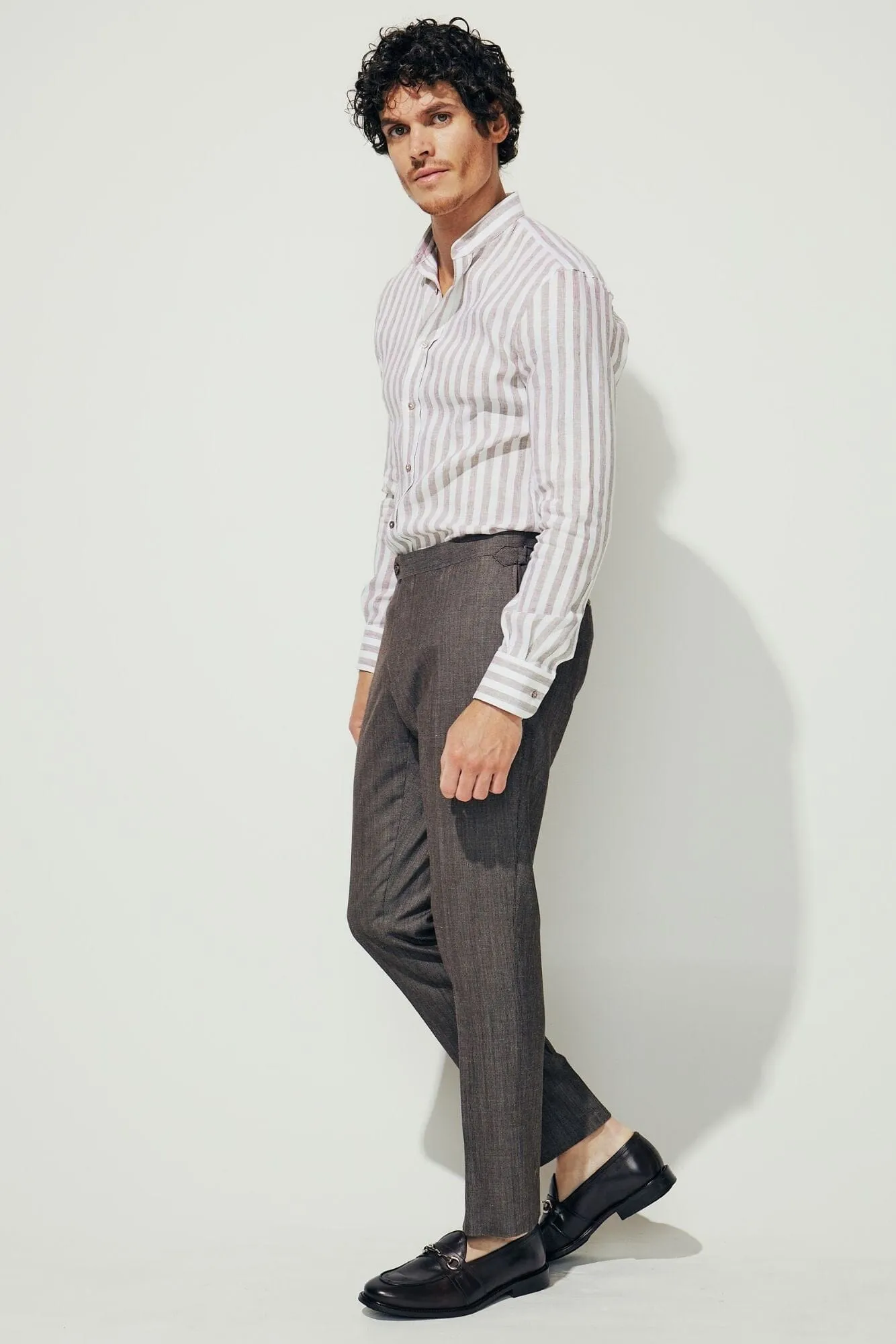 Marcello Stand Collar Shirt - Brown and Natural Linen Stripe