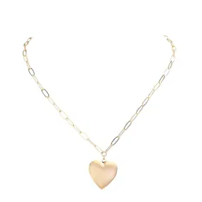 Matte Metal Heart Locket Pendant Paperclip Chain Necklace