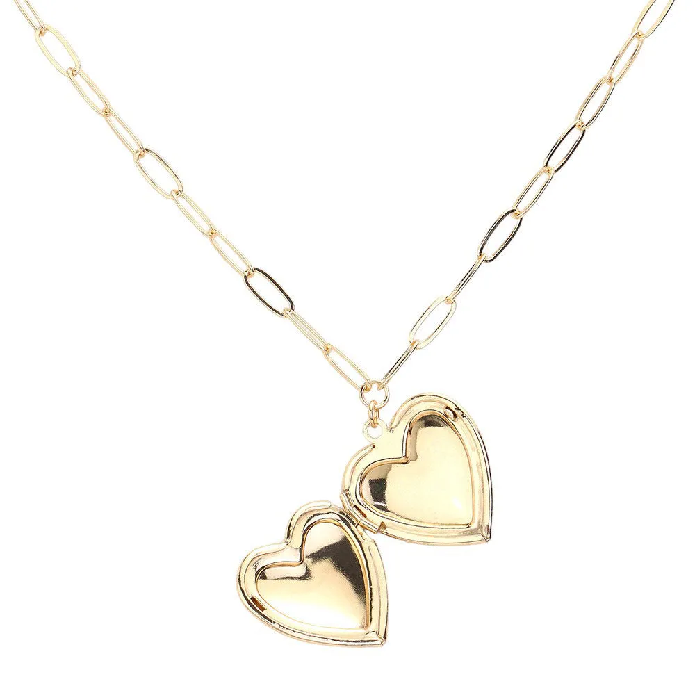 Matte Metal Heart Locket Pendant Paperclip Chain Necklace