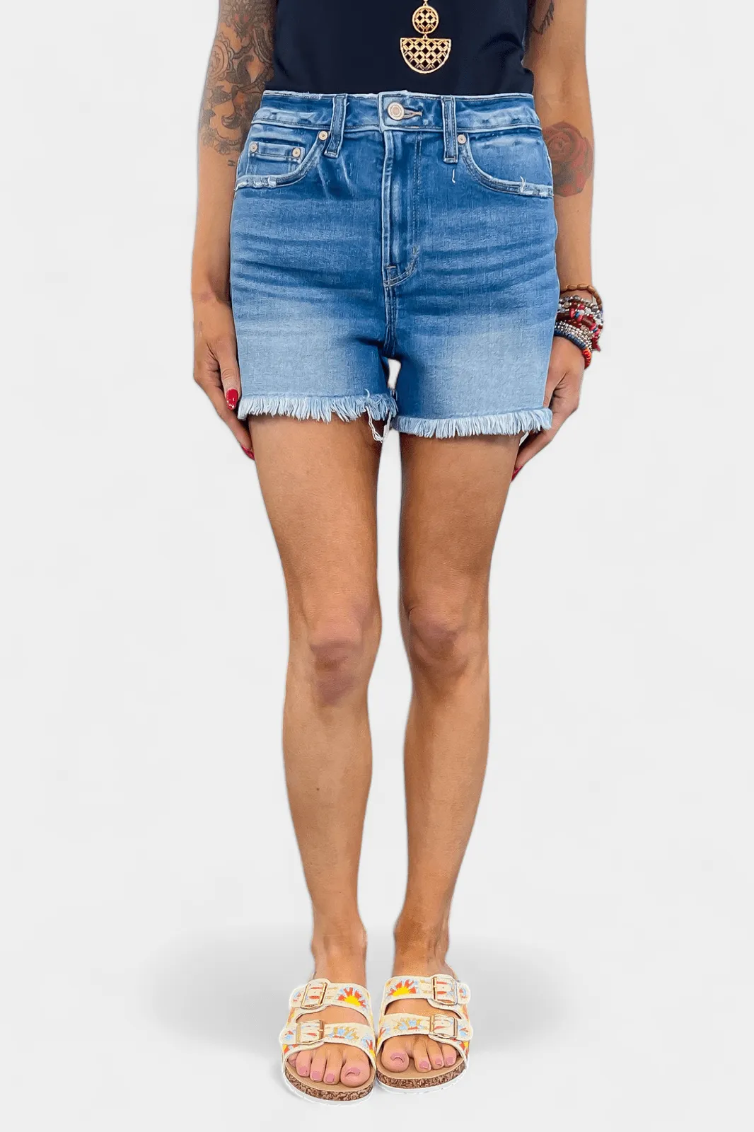 Medium Wash Mid Rise Raw Hem Denim Shorts