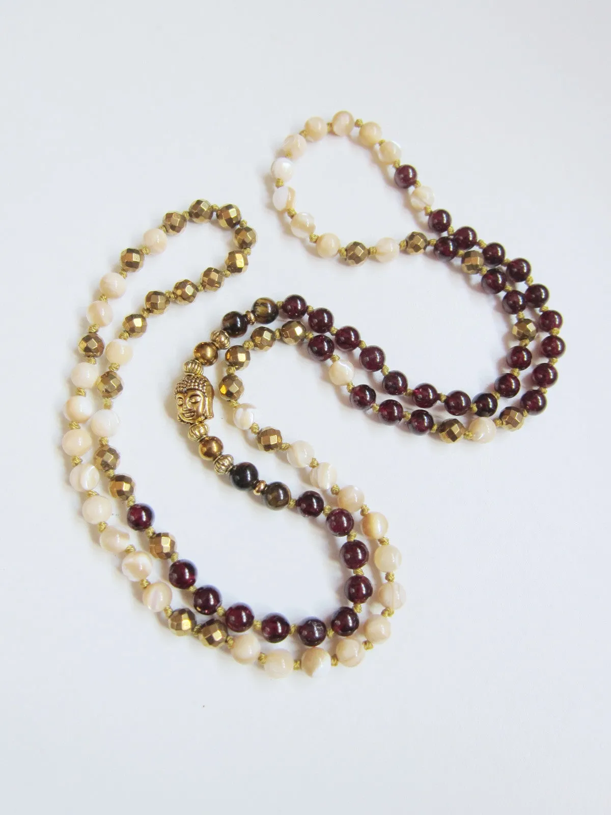 Mother of Pearl, Red Garnet, Gold Hematite Boho Necklace