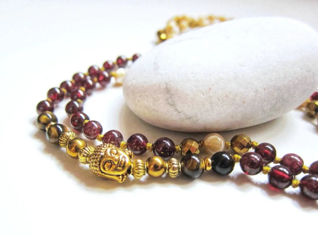 Mother of Pearl, Red Garnet, Gold Hematite Boho Necklace