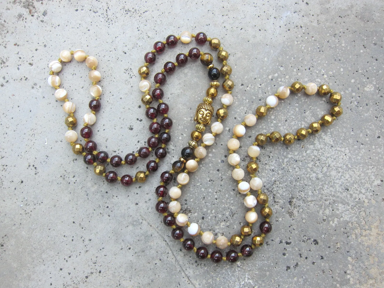 Mother of Pearl, Red Garnet, Gold Hematite Boho Necklace