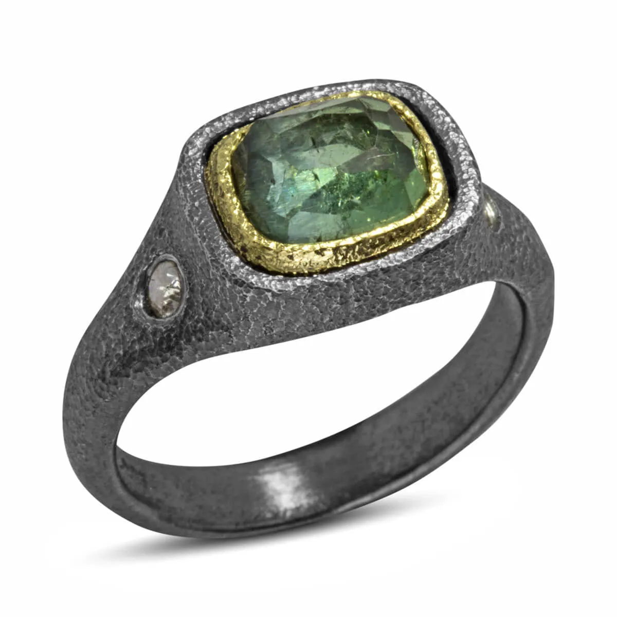 Mountain Plateau Ring with Green Tourmaline and Diamonds