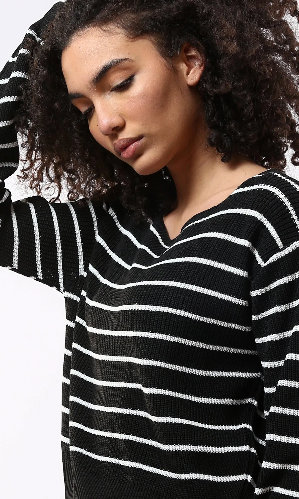 O177860 Boat Neck Striped Black & White Casual Pullover