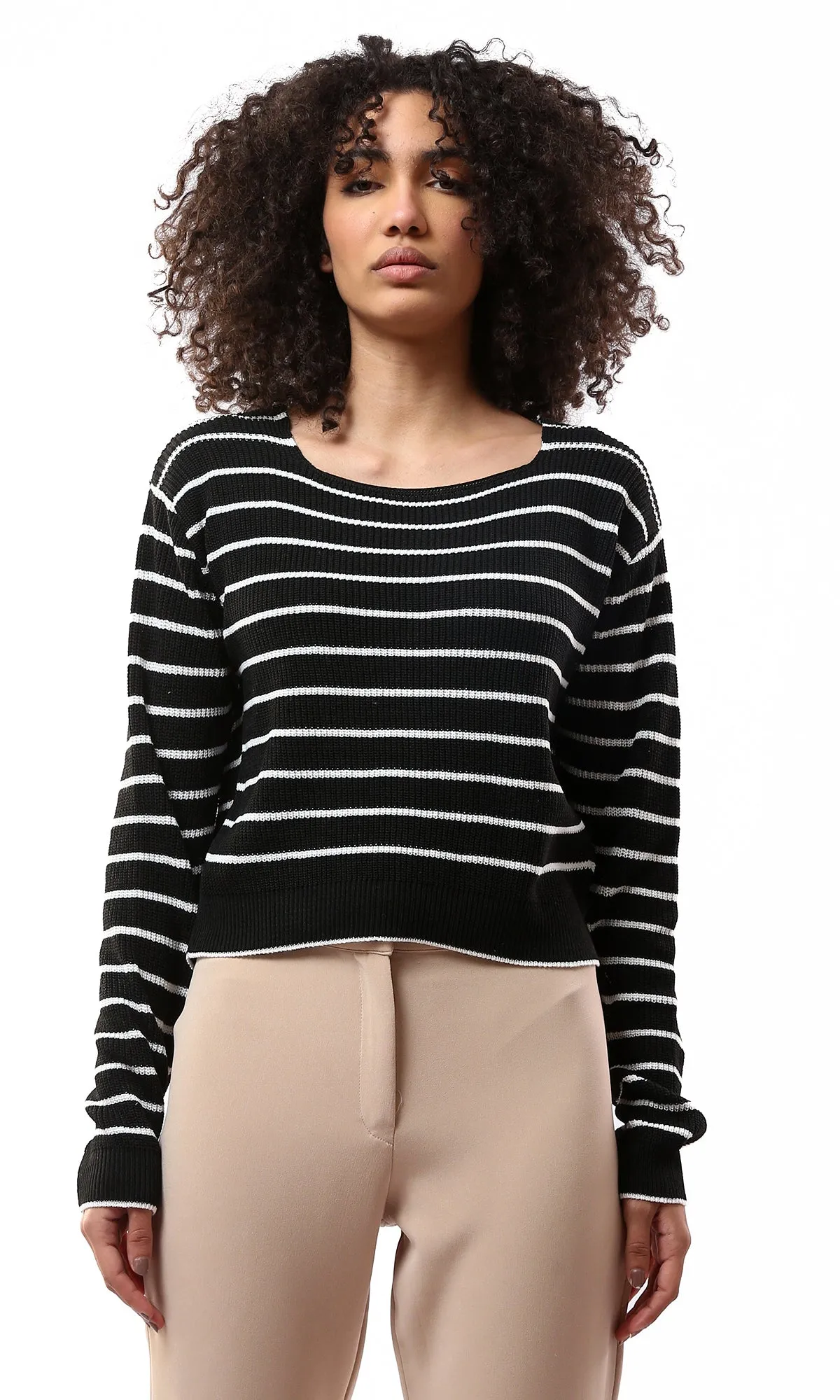 O177860 Boat Neck Striped Black & White Casual Pullover