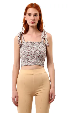 O178602 Feminine Floral Elastic Crop Top - Beige & Red