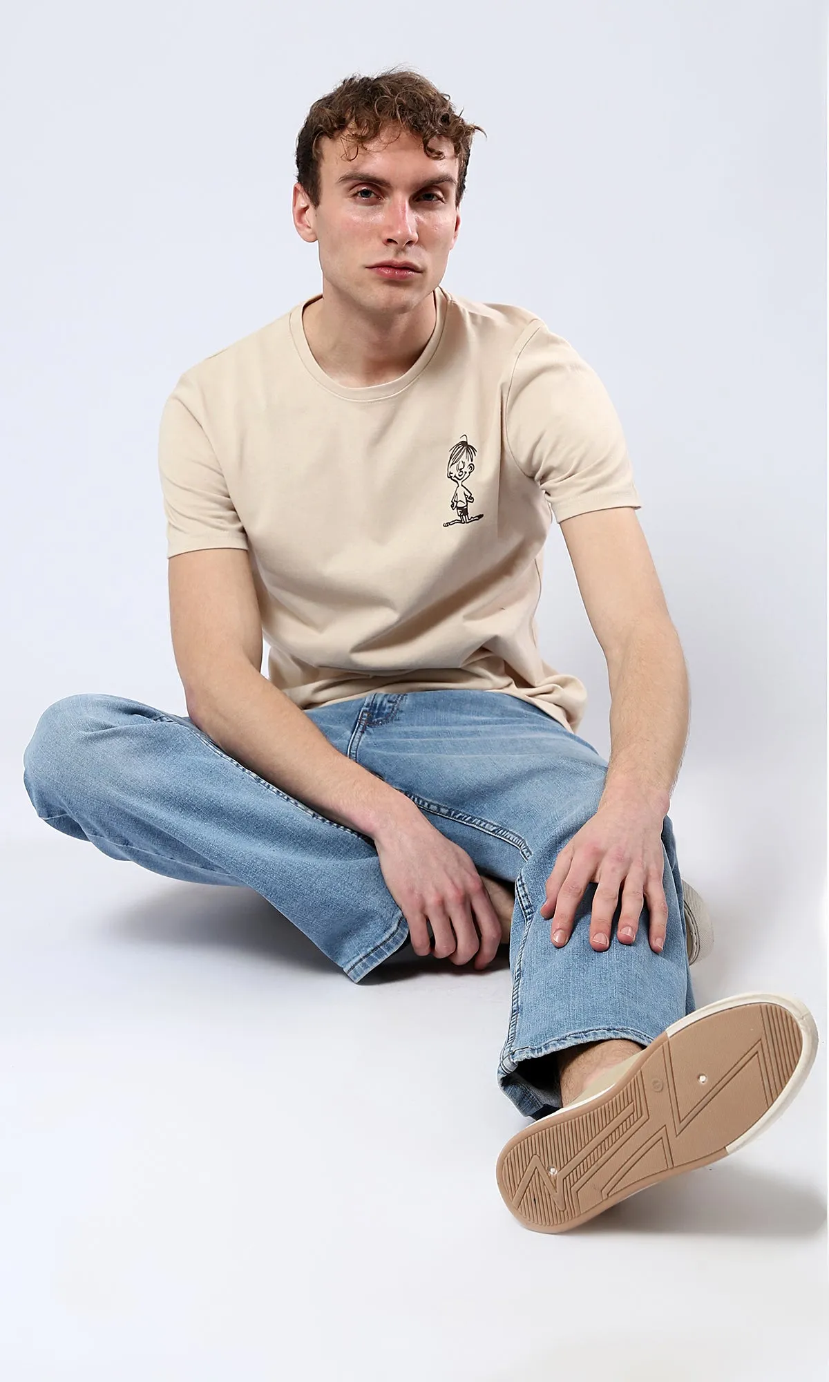 O179351 Slip On Printed Casual Cotton Tee - Beige