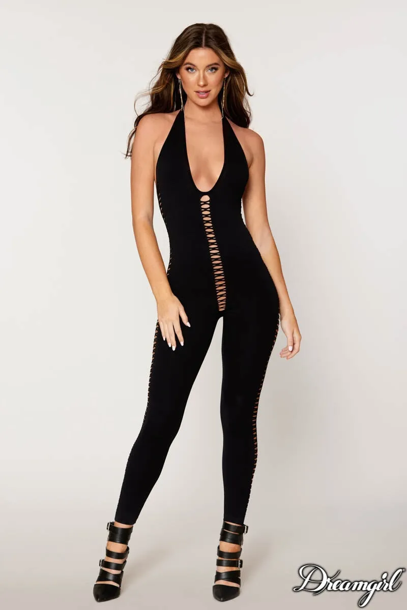 Opaque Lace-Up Bodystocking