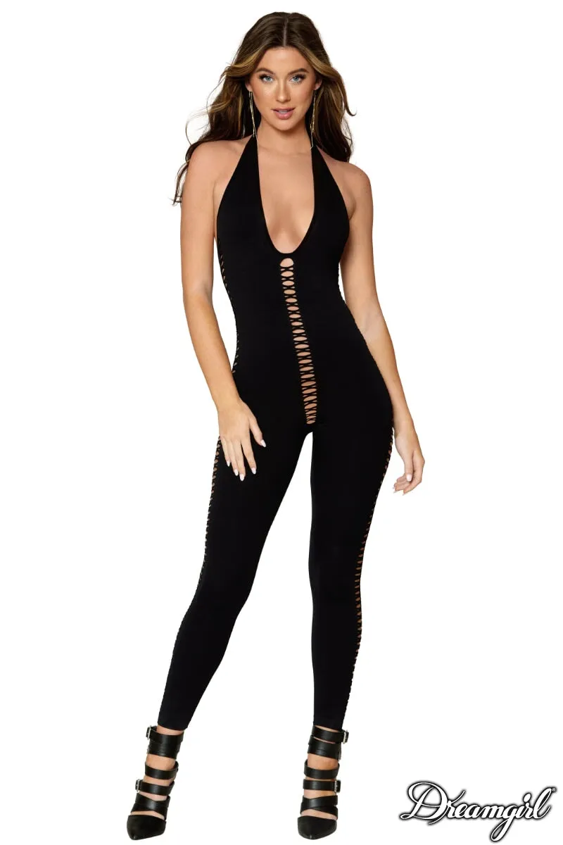 Opaque Lace-Up Bodystocking