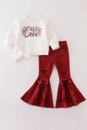 "FALL LOVE" sweater denim bell pants set