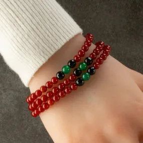 Red Agate 6mm Beads with Black Agate & Aventurine Accent Beads Triple Wrap Gemstone Elastic Bracelet