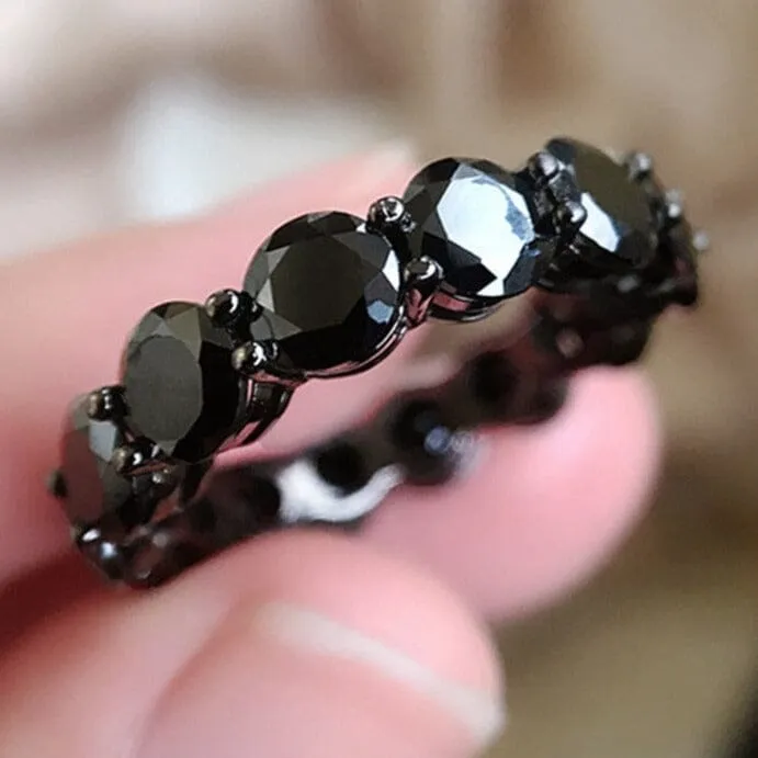 Round Cut Created Obsidian Black Gemstone Ring - 925 Sterling Silver