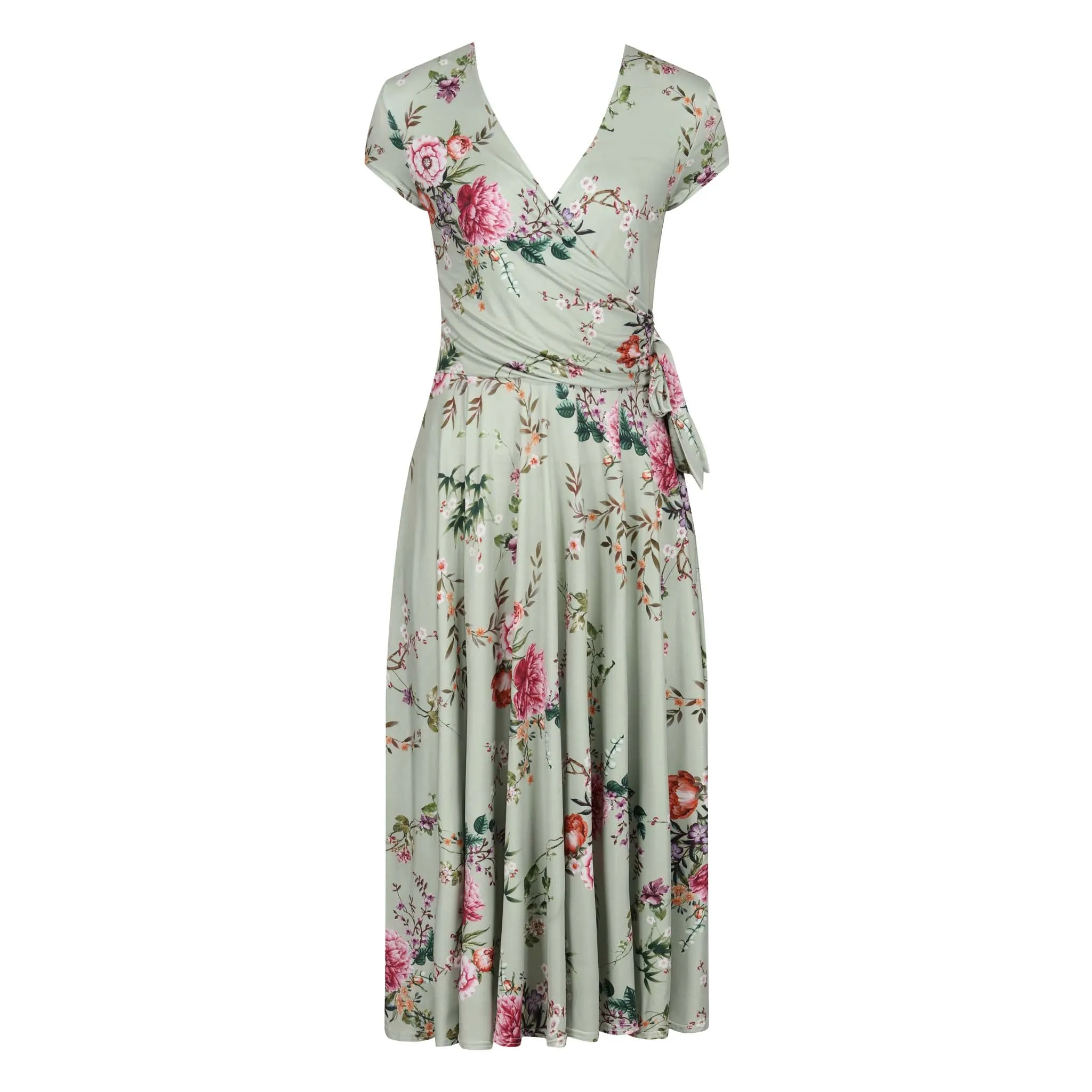 Sage Green Floral Print Cap Sleeve V Neck Wrap Top Swing Dress