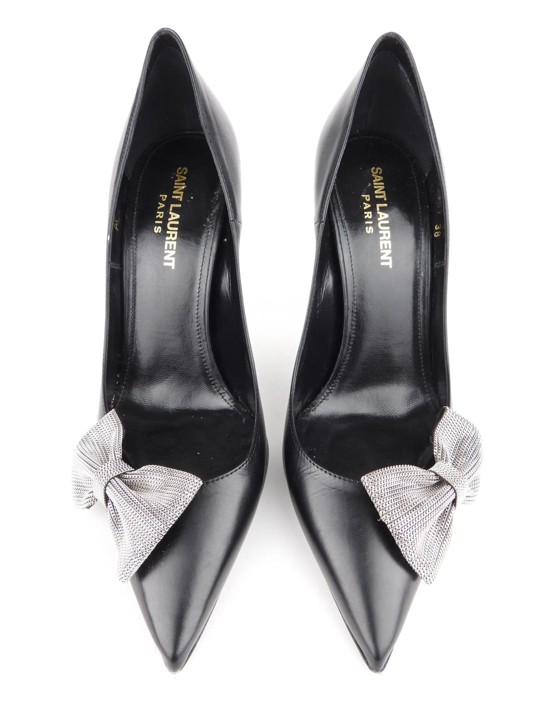 Saint Laurent Black Leather Zoe Chain Bow Stiletto Heel Pumps - 38