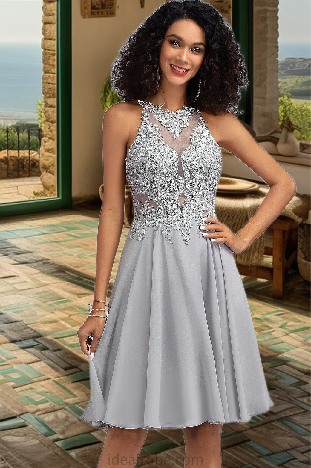 Sal A-line Scoop Knee-Length Chiffon Lace Homecoming Dress With Sequins STKP0020571