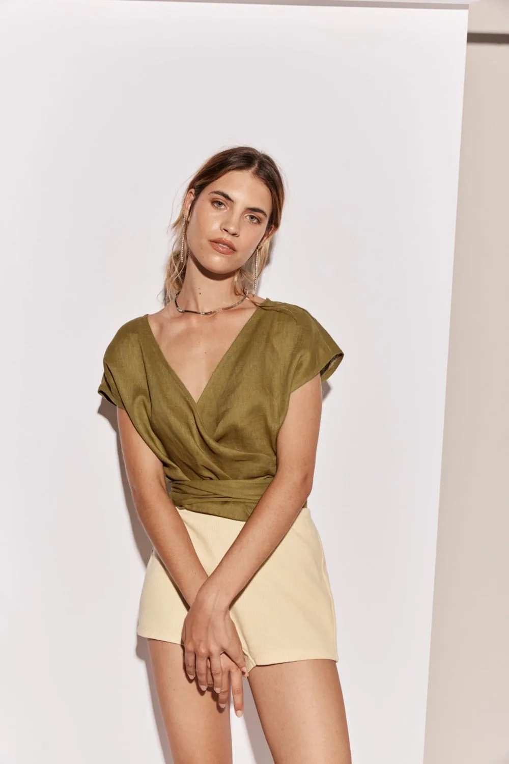 Sea Glass Linen Wrap Top Olive