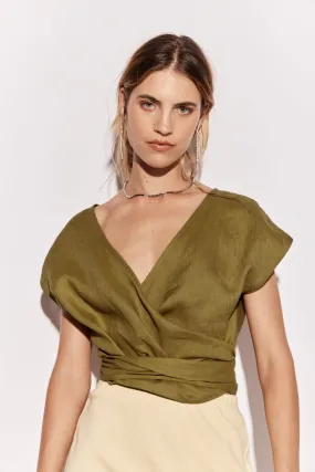 Sea Glass Linen Wrap Top Olive