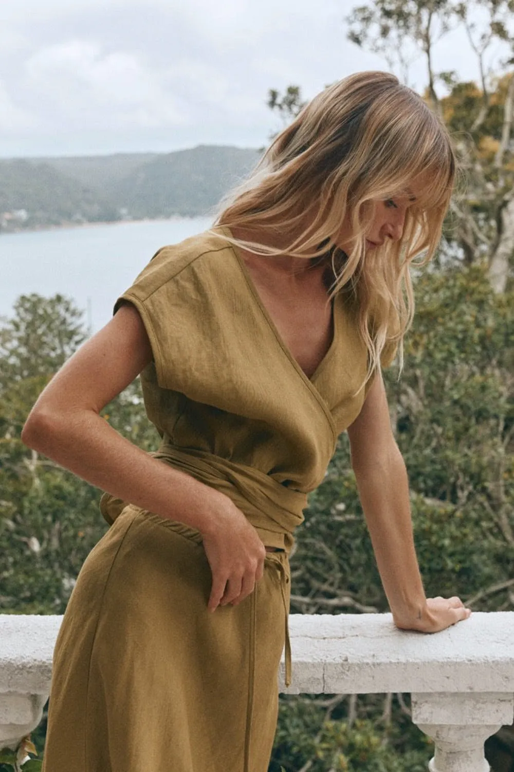 Sea Glass Linen Wrap Top Olive