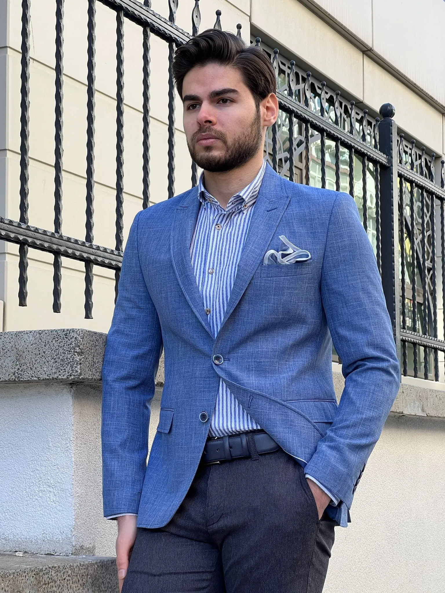 Slim Fit Self-Patterned Cotton Blue Jacket