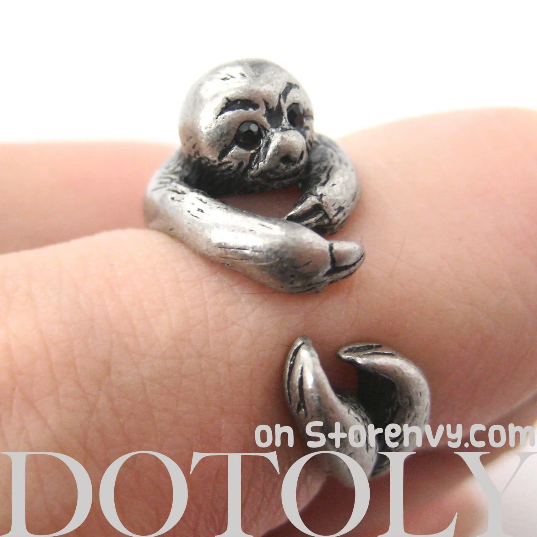 Sloth Animal Wrap Around Hug Ring in Silver - Size 4 to 9 Available