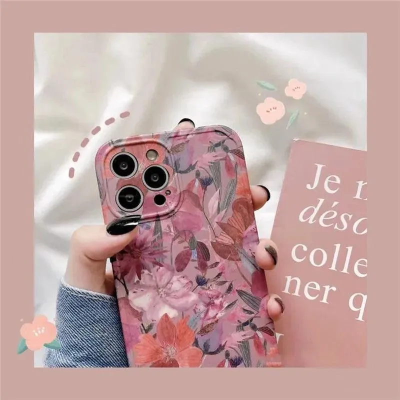 Soft Flowers and Leaves Oil Painting Cute Phone Cases for iPhone 12 Pro Max, 13, 11, 14, and 14 Pro