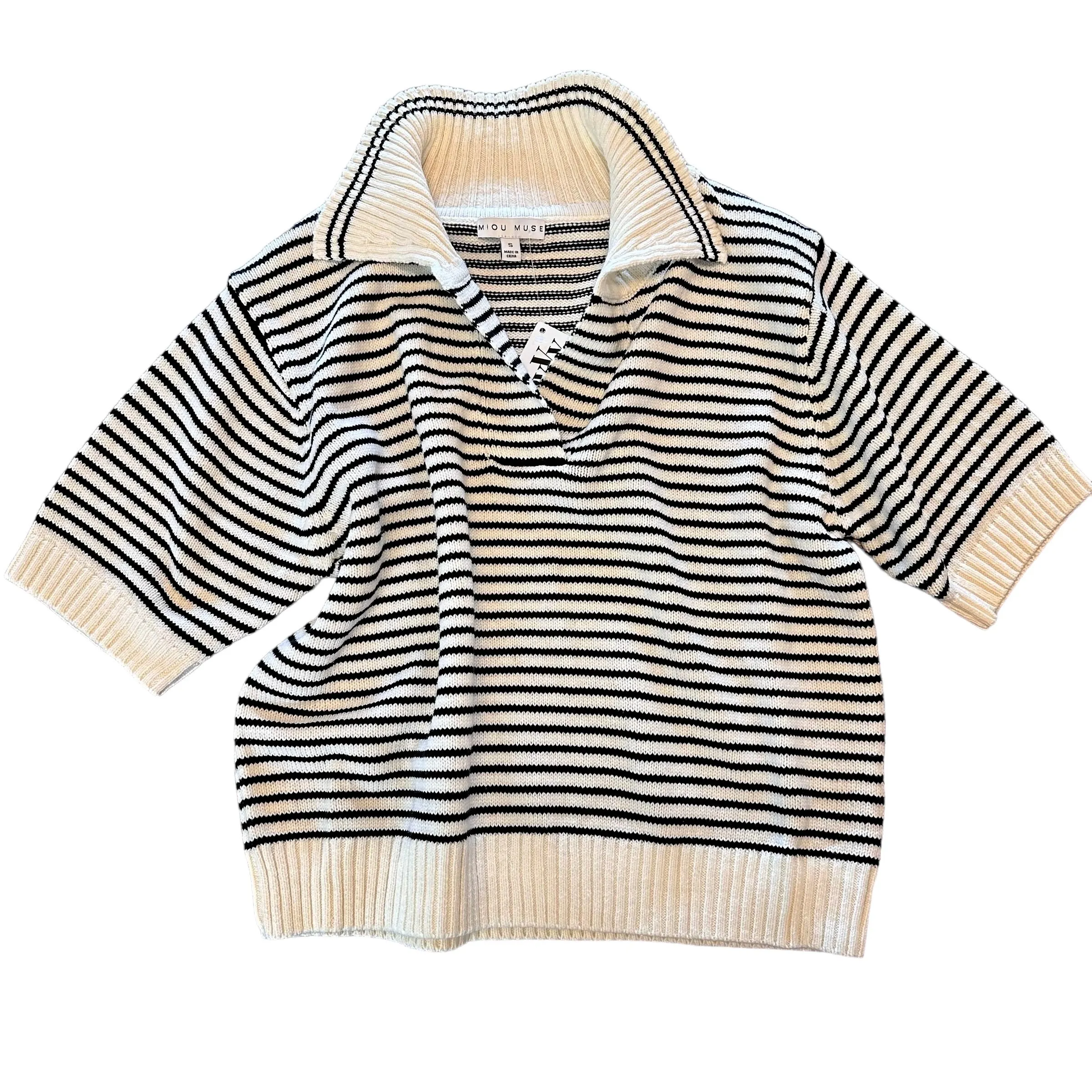 Stripe Collar Short Sleeve Sweater Top in white/black by Miou Muse