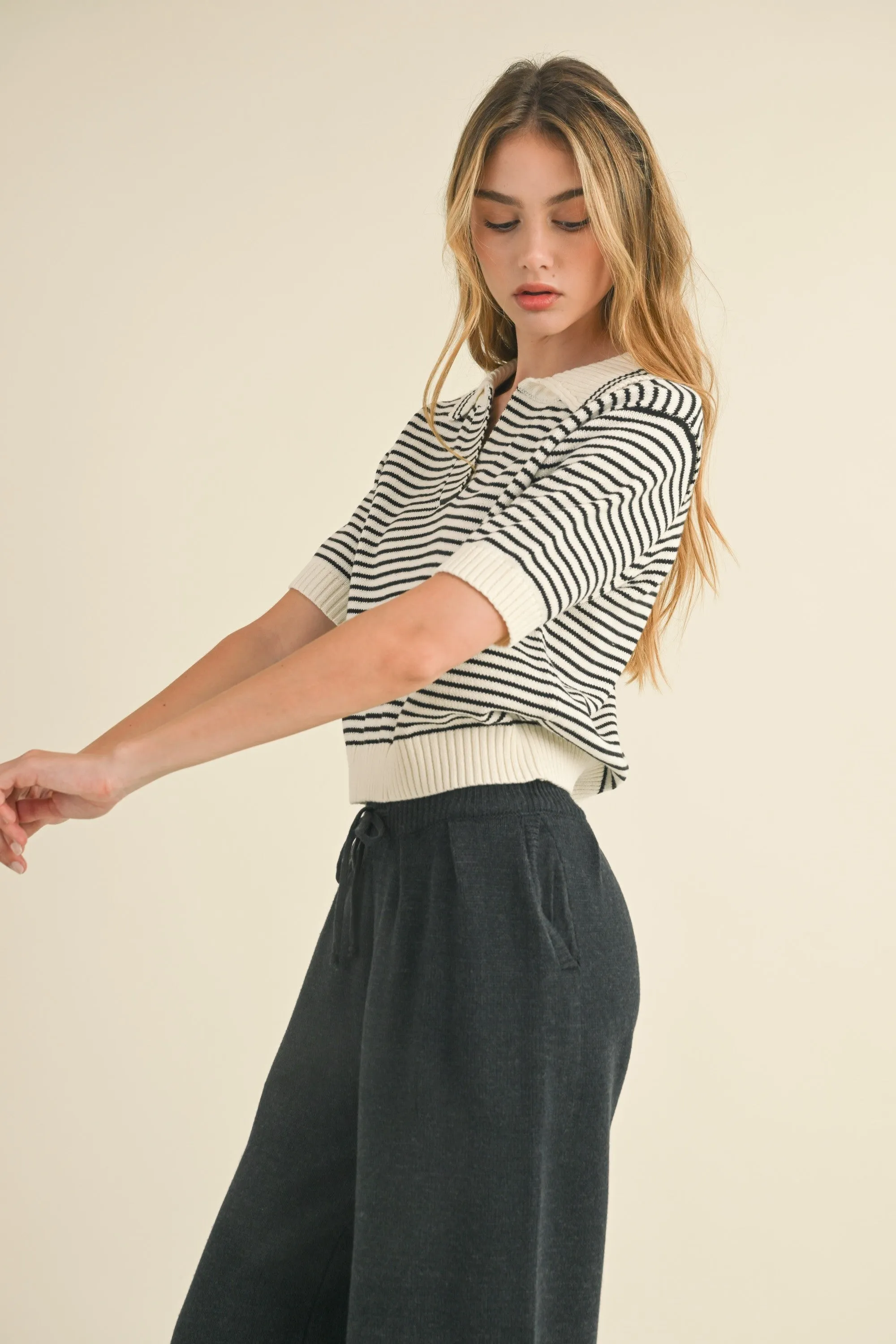 Stripe Collar Short Sleeve Sweater Top in white/black by Miou Muse