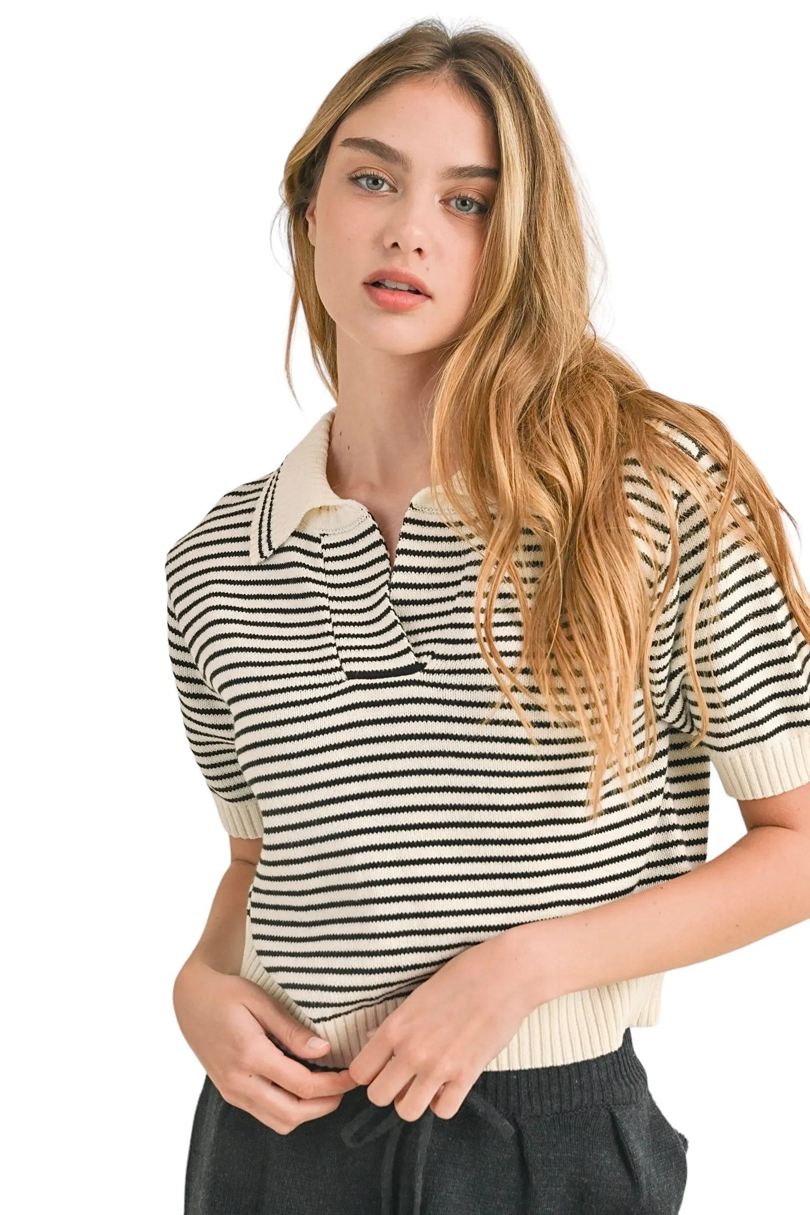 Stripe Collar Short Sleeve Sweater Top in white/black by Miou Muse